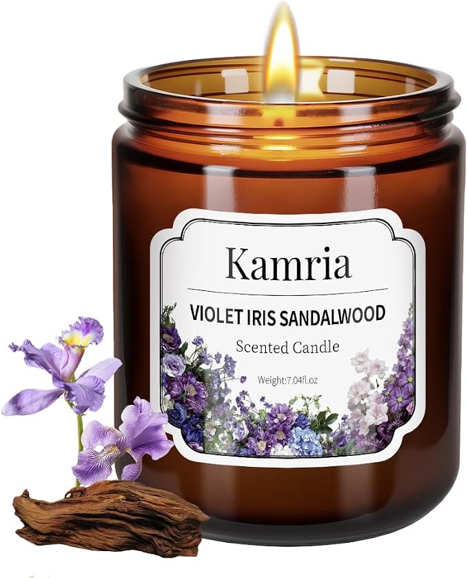Violet Iris Sandalwood Candle, Elegant Floral Woody Aromatherapy in Amber Glass Jar, Natural Soy Wax for Home Decor, Relaxing Gift for Women, 7oz