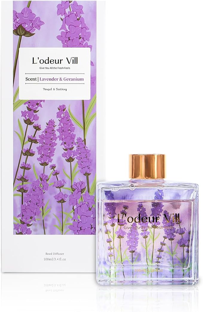 L'odeur Vill Reed Diffuser Set/Lavender Geranium/3.38 fl.oz（100ML）/1 Pack with 6 Reed Sticks/Home Fragrance Diffuser, Oil Scent Diffuser for Bathroom Shelf Decor.