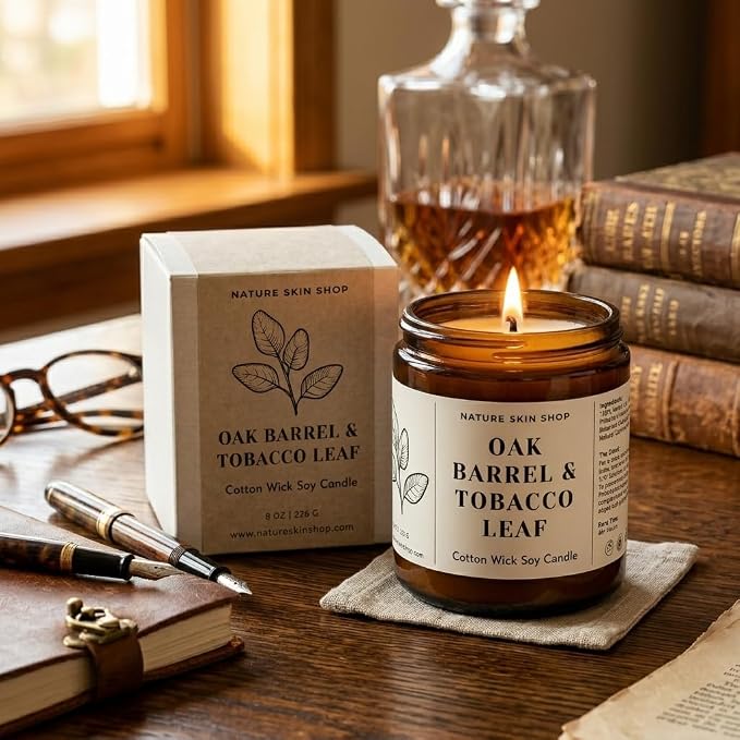 Nature Skin Shop Oak Barrel and Tobacco Leaf Artisan Soy Candle Warm Aromatherapy Home Fragrance Vegan Cotton Wick 8 oz