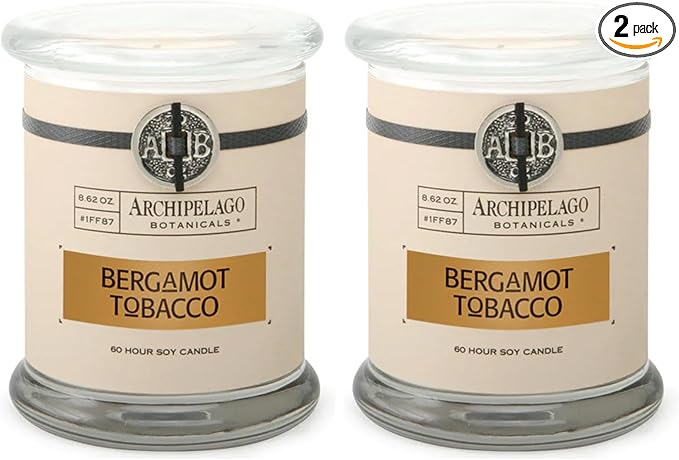 Archipelago Botanicals Scented Candle Hand-Poured Premium Wax, Burns Approx. 60 Hours, Bergamot Tobacco, Soy Candle in Glass Jar, 4.5 Inch, 8.6 oz (Pack of 2)