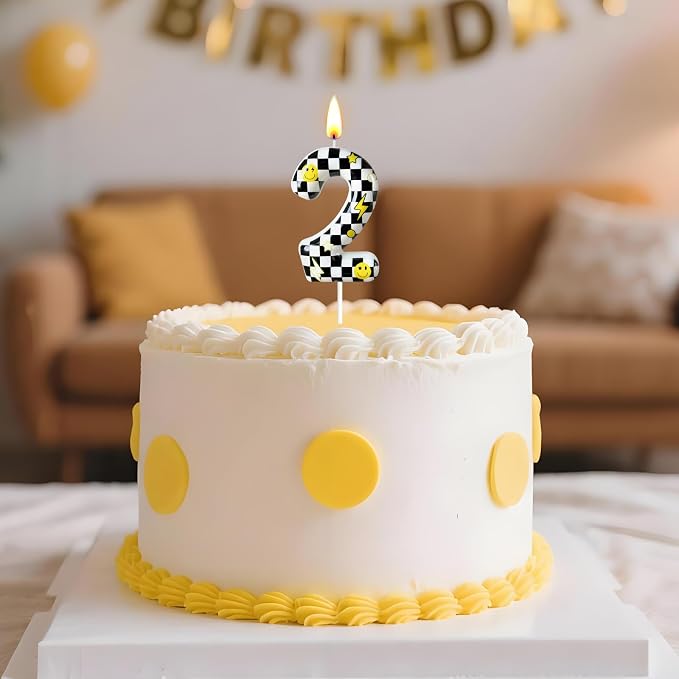 Number 2 Birthday Candle for Cake – Black White Checkered Smiley Design with Lightning & Star – Two Happy Dudes Theme Cake Topper for Birthday Party Decorations