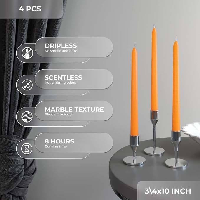CANDWAX 10 inch Orange Taper Candles Set of 4 — Unscented Dripless Tapered Candle Sticks — Perfect as Halloween Décor or as Thanksgiving Dinner Table Centerpiece Orange Candlesticks