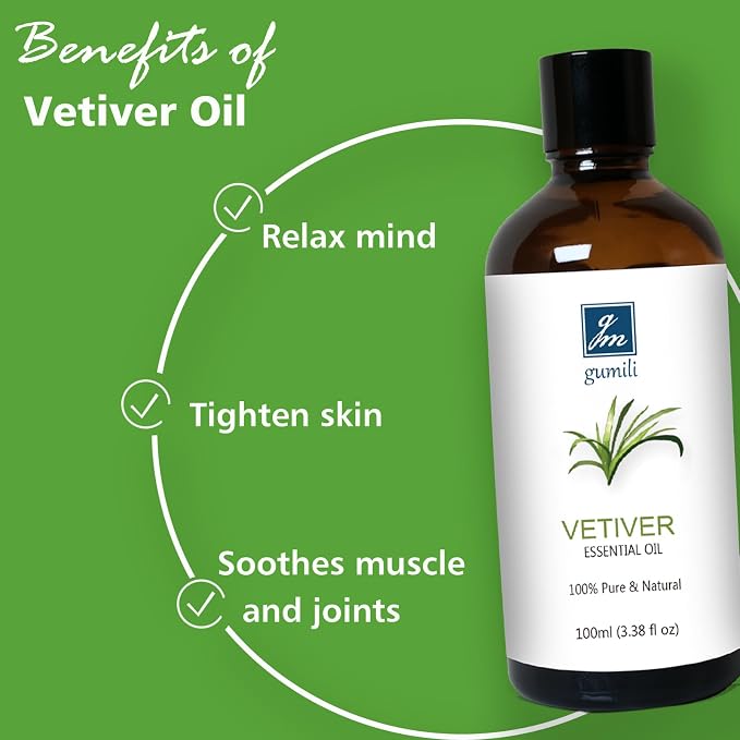 GM Gumili Vetiver Essential Oil Scent Oil for Home Diffuser, Perfume, Hand Soaps- 100ml/3.38 Oz