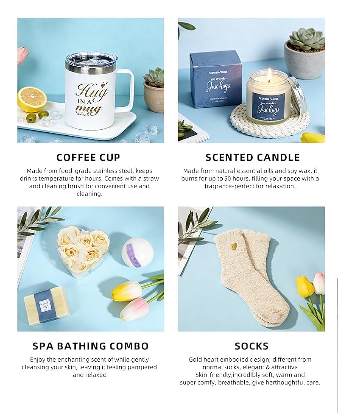 7 Piece Luxury Bath & Body Gift Set for Women,mothers day gifts: Hug in a Box Relaxing Home Spa Kit, with Insulated Mug, Scented Candle & Bath Bomb, Self Care Gift for Birthday