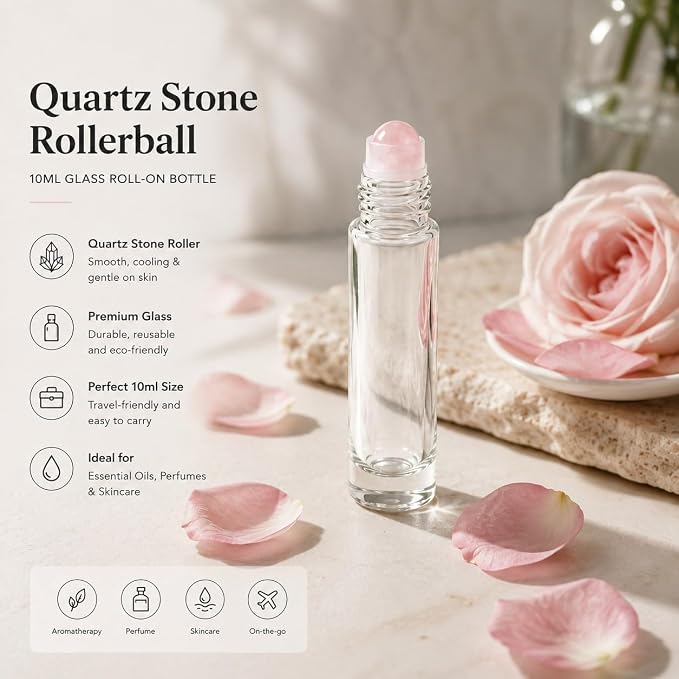 Rose Quartz Roller Ball Bottle for Castor Oil - 10ml Refillable Empty Glass Roll-On for Essential Oils, Organic Castor Oil, Perfume & Skincare - Leak-Proof Travel Size Quartz Stone Rollerball (3pcs)