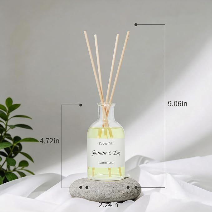 L'odeur Vill Reed Diffuser Set, 5.07 fl oz(150ml) Jasmine & Lily Reed Diffuser for Home Bathroom Diffuser with Long Lasting Scent Diffuser with 6 stricks Shelf Decor