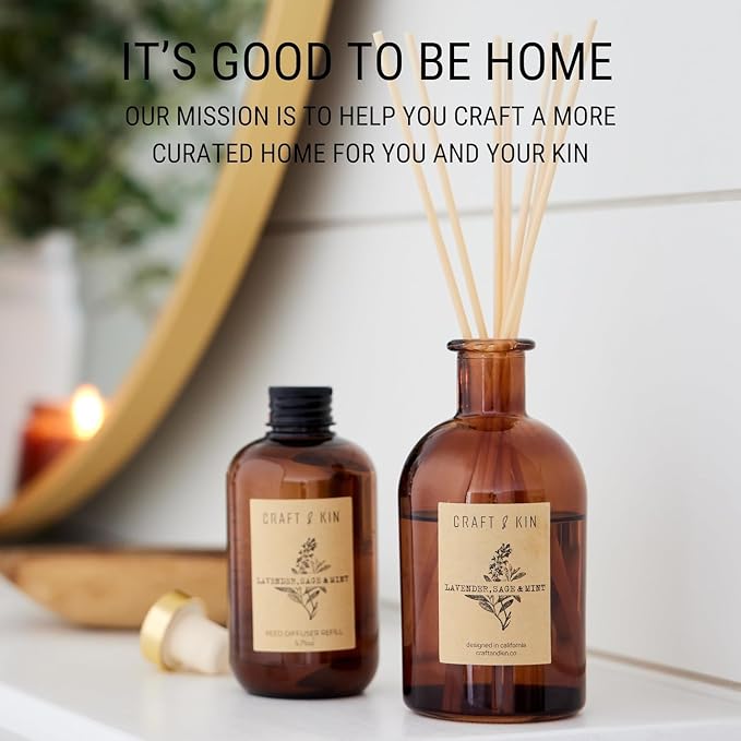 Craft & Kin Sage, Mint & Lavender Reed Diffuser – 5.75 oz Essential Oil Diffuser for Home & Bathroom – Up to 120-Day Fragrance with 8 Rattan Scent Sticks – Amber Glass Room Decor