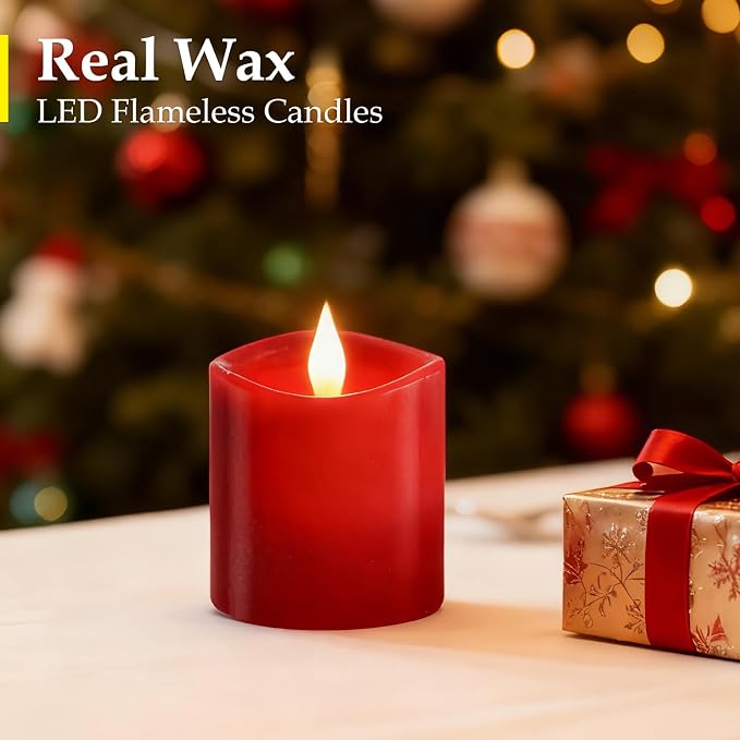 Red LED Pillar Candles 3x3 Inch - Battery Operated Flameless Candles with Remote Timer & Realistic Flickering Flame, 600+ Hours Lasting for Christmas Halloween Home Decor (1-Pack)