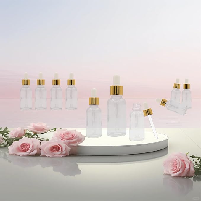 12 Pcs Glass Dropper Bottles with Eye Dropper Dispensers Lab Dropping Bottles with 2Pcs Long Pipettes 2Funnel and12 Label for Travel Cuticle Massage Essential Oils Perfume (Clear,1oz)