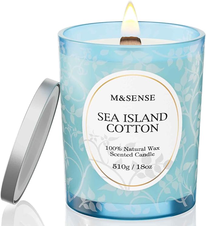 M&SENSE Sea & Cotton Scented Candle, 18oz | Cracking Wooden Wick, Soy Wax, 100 Hours Long Lasting, Non-Toxic Aromatherapy