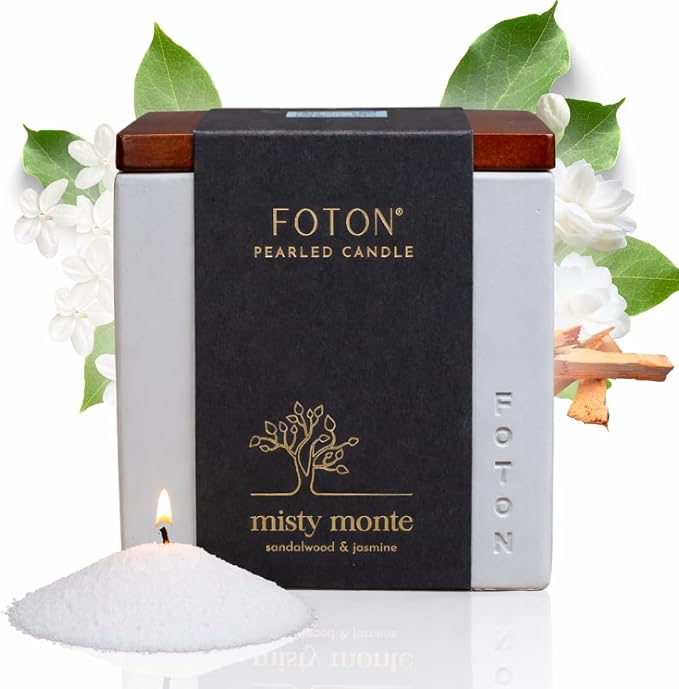 Foton Pearled Candle Le Cube Concrete Vase Set 16 Oz Square - Misty Monte Scented - Refillable Jar Scented Candle Sand Wax with 15 Wicks - Natural Non-Toxic Decorative Candles for Home
