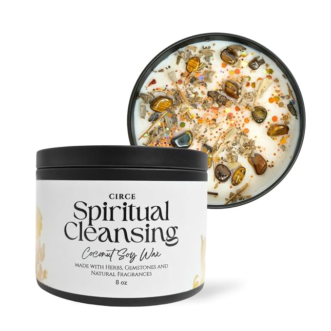 Circe Spell Candle “Spiritual Cleansing” Coconut Soy Wax Candle Jar– Premium Hand Poured & Long Burning– Herbs, Crystal & Natural Fragrance Oils- Clearing, Protection & Grounding- Self Care, Gift- 8oz