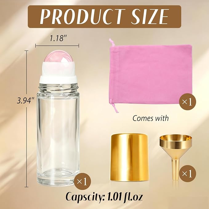Cocurb 1oz Rose Quartz Roller Bottle for Essential Oils Perfume Skincare DIY,Refillable Leak-Proof Clear Glass Roll on Bottle Empty Deodorant Containers with Gold Cap&Storage Bag
