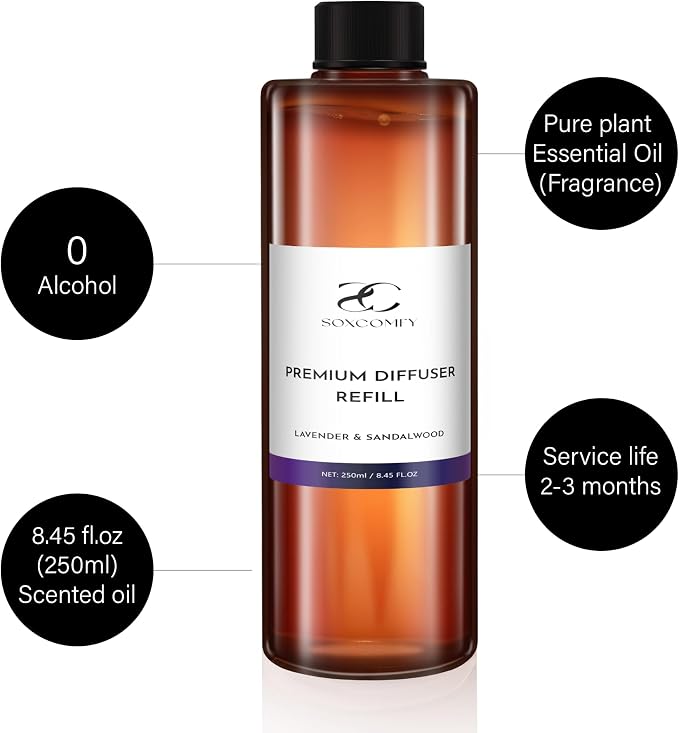 Diffuser Oil Refill, 250ml / 8.45 fl oz, Lavender & Sandalwood - Reed & Aromatherapy Diffuser Oil, Long-Lasting Home Fragrance, Sweet Orange & Cedarwood Notes