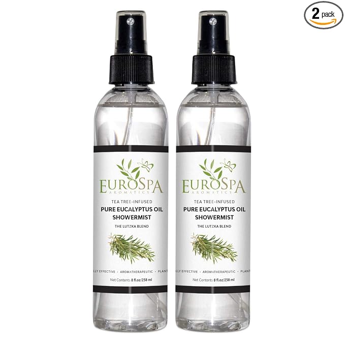 EuroSpa Aromatics Pure Eucalyptus Oil ShowerMist and Steam Room Spray, All-Natural Premium Aromatherapy Essential Oils - Tea Tree Infused, 8oz, 2 Pack