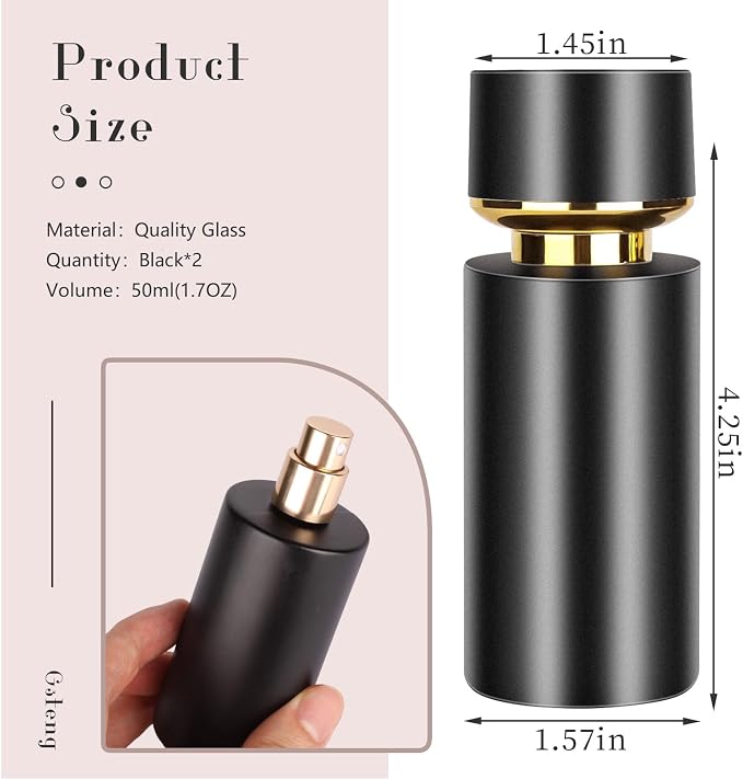 2pcs 50ml Glass Spray Bottle for Perfume,Refillable Travel Perfume Atomizer Bottles,Black Portable Cologne Atomizer Empty Bottle.(Black)