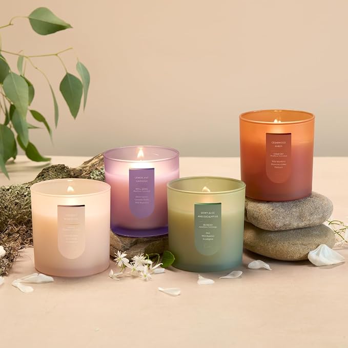 CUE Scented Candle |MoodBoost Essential Oils |OpenWick Clean Burning Candle | Soy Coconut Wax Blend | for Home | Mother's Day Candle Gift |Extended Burn Time (14oz, Coconut Rosewood)