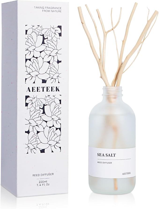Sea Salt Reed Diffuser, 7.4oz(220ml) Sea Salt Musk and Grass Essential Oils, Bathroom Air Freshener with Willow Branches Decor, Long Lasting Fragrance for Home (1-Pack)