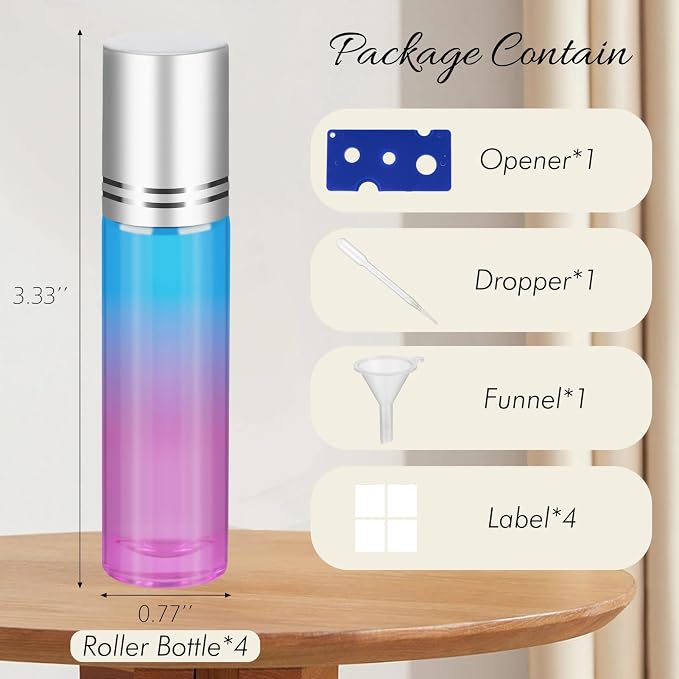 10ML Essential Oil Roller Bottles, 4 Pack Colorful Oil Roller Bottles for Essential Oils, Roll on Bottle with Stainless Steel Balls(4 Labels, Opener, Funnel, Dropper Included)