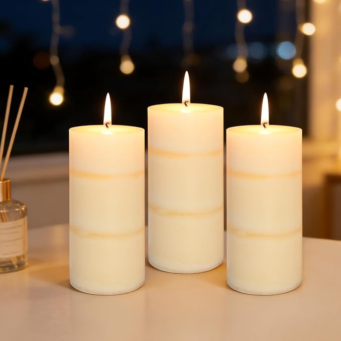 3x6 Inches Jasmine Scented Pillar Candles Ivory White Hand-Poured Long Burning Aromatherapy Candle for Home Scented Stress Relief Meditation Wedding Bar Table Centerpiece Decoration, 3 Pack