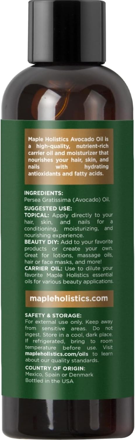 Avocado Oil For Hair and Skin - 100% Pure Avocado Oil for Skin and Nail Care plus Dry Hair Treatment and Facial Oil Moisturizer - Natural Hair Oil and Carrier Oil for Essential Oils Mixing (4 Fl Oz)