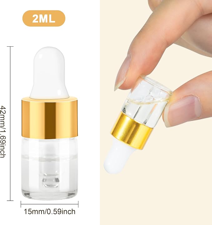 100pcs Mini Glass Dropper Bottle for Essential Oil,2ml Small Clear Sample Dropper Vails with Gold Cap,Perfume Cosmetic Liquid Containers for Traveling