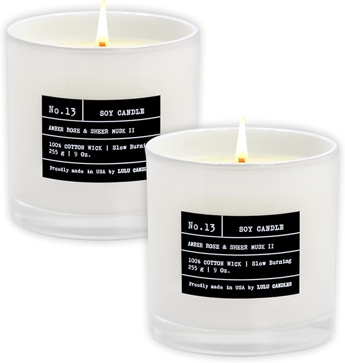 Lulu Candles | Amber, Rose & Sheer Musk II | Luxury Scented Soy Jar Candle | Hand Poured in The USA | Highly Scented & Long Lasting- 9 Oz. 2 Pack