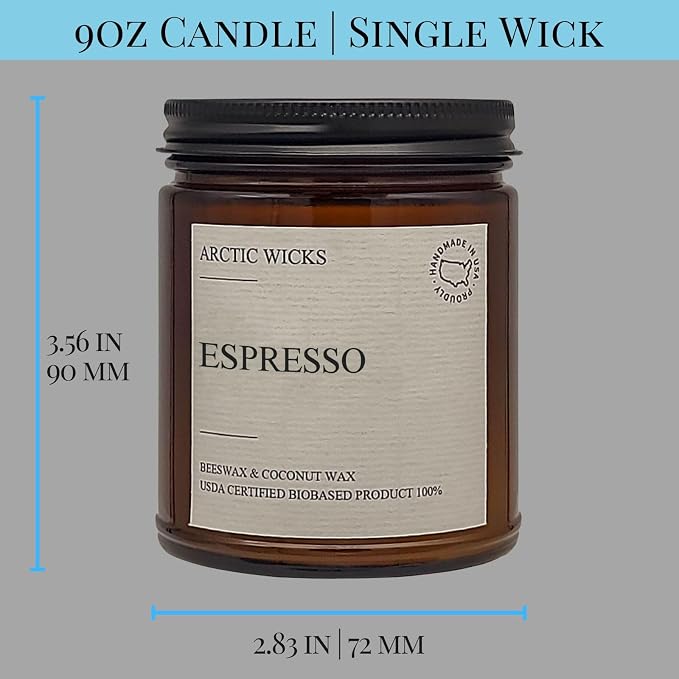 Arctic Wicks Scented Coconut Beeswax Candles | Coconut Beeswax Non Toxic Candle 9oz Amber | Farmhouse Candles Non-Toxic Clean Burn 100% USDA Certified Biobased (Espresso)