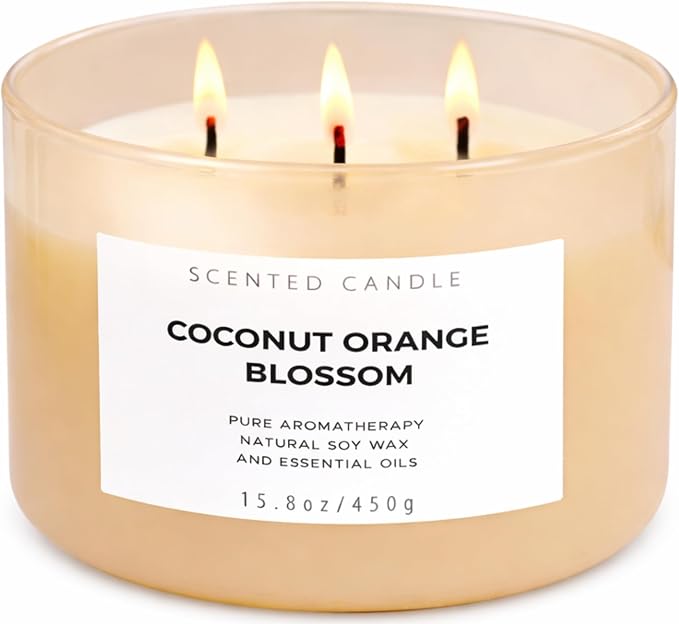 Coconut Orange Blossom Candle | 3-Wick Large Soy Candle 15.8 oz | Creamy Tropical Citrus Floral Scented Candles for Home | Strong Throw, Clean Burn Long Lasting | Aromatherapy Gift for Women