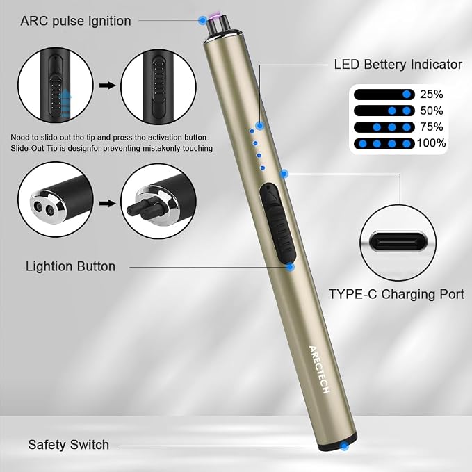 ARECTECH Electric Candle Rechargeable Lighter Arc Plasma Lighter for Candle Kitchen Camping Christmas Type-C Gold