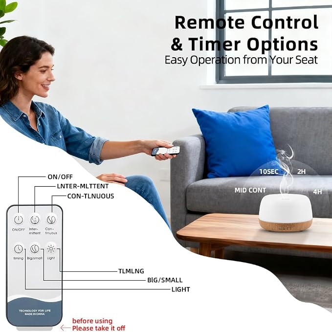 300ML Essential Oil Aromatherapy Diffuser with Remote Control - Quiet Ultrasonic Cool Mist, 7 Color LED Light, 4 Timer Modes, Auto Shut-Off for Bedroom, Office, Yoga & Spa