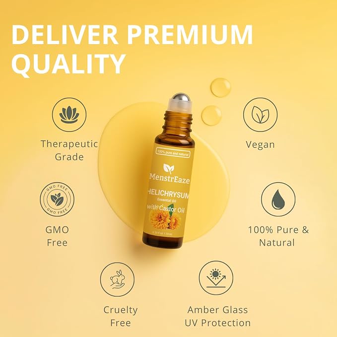Helichrysum Oil & Castor Oil Roll On, High Potency Formula, 100% Pure and Natural, Acne Soothing, Skin Vitality & Anti-Aging, Aches Relief, Beauty Rollerball, 10ml