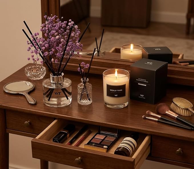 WEALD TRIBE Flower Reed Diffuser Set Lavender Scent for Bathroom Accessories Shelf Decor & Air Fresheners, Sticks Defusers with 5.1 fl oz Essential Oils & Leaves, House Bedroom Office Decor & Gifts