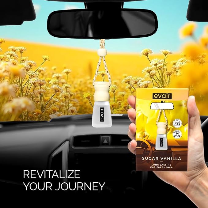 Evair Car Air Freshener | Hanging Air Freshener Car Diffuser | Long Lasting Scents made with Essential Oil | Alcohol Free (Sugar Vanilla)
