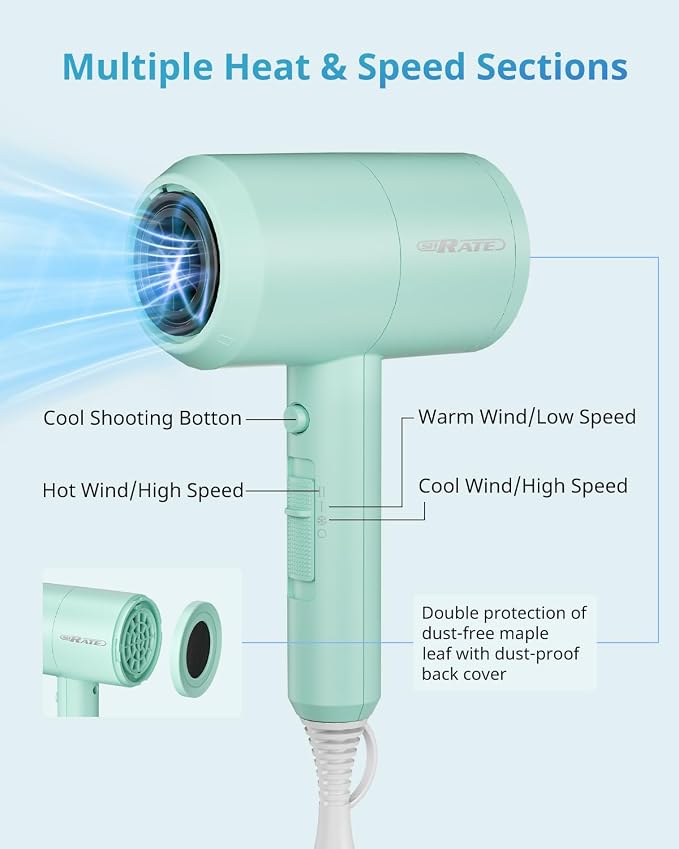 SHRATE Ionic Hair Dryer with Diffuser | Professional Blow Dryer for Curly, Frizzy & All Hair Types | Low Noise & Gentle for Sensitive Hair | Compact & Portable Design for Home, Travel, Women & Men