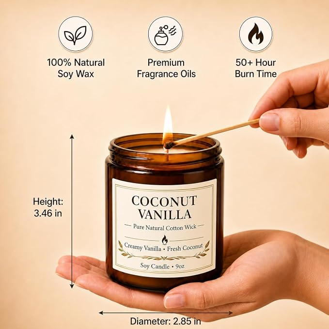Coconut Vanilla Candle, 9 oz Soy Coconut Wax Scented Candle for Home, Vanilla Coconut Aromatherapy Candle, Clean Burning Jar Candle for Bedroom Bathroom Spa, Candle Gifts for Women Men