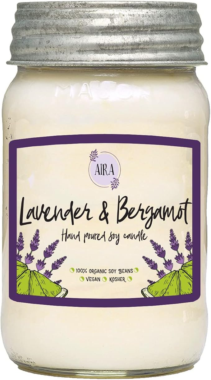 Aira Soy Candles - Organic, Kosher, Vegan, in Mason Jar w/Therapeutic Grade Essential Oil Blends - Hand-Poured 100% Soy Candle Wax - Paraffin Free, Burns 110+ Hours - Lavender & Bergamot -16 Ounces