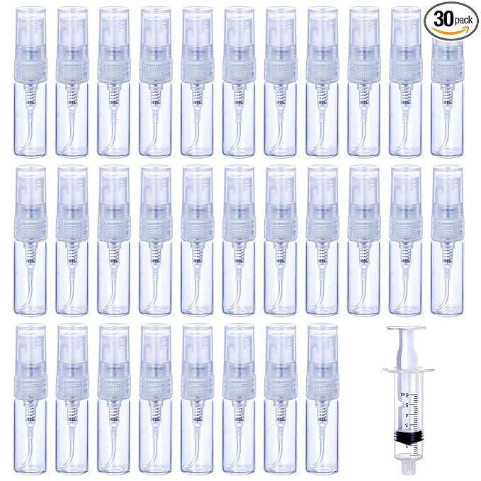 30Pcs 3ml/0.101 Oz Portable Mini Refillable Clear Glass Empty Sprayer Perfume Bottles Cosmetic Atomizers Spray Bottle Container for Travel Party Must Makeup Tool (30Pcs 3ml Glass Perfume Bottles)