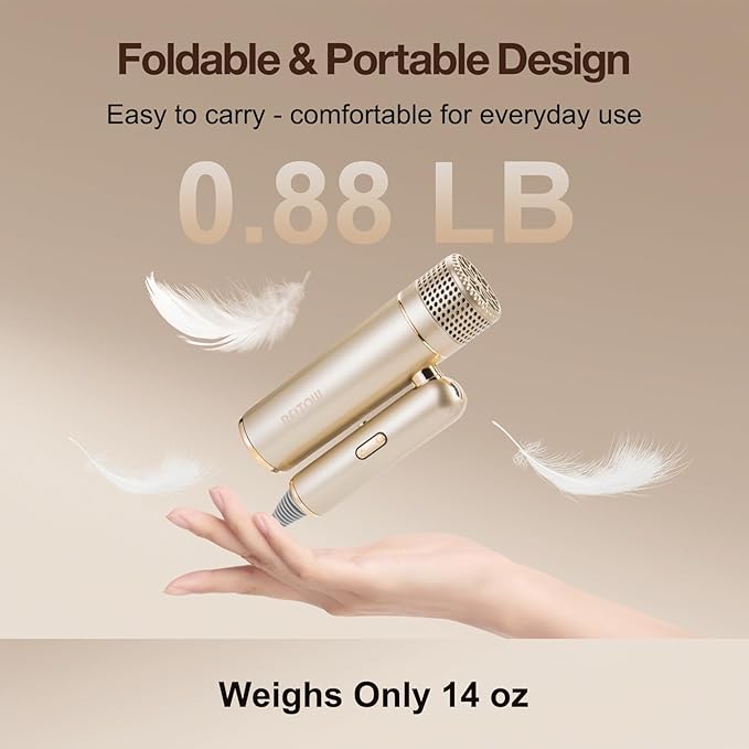 Dual-Voltage Foldable Travel Hair Dryer: Compact High Speed Plasma Diffuser Blow Dryer with Cool Shot - Lightweight/Portable -with Storage Bag & European Adaptor for All Hair Types Gold
