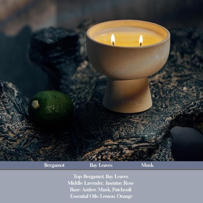 Blueme Nostalgia Candle | Bergamot & Musk | 2 Wick - Refillable Wellness Candle with Essential Oils, Hand Finished & Poured Soy Wax Blend Ceramic Vessel, Natural Cotton Wicks | Medium 12 oz