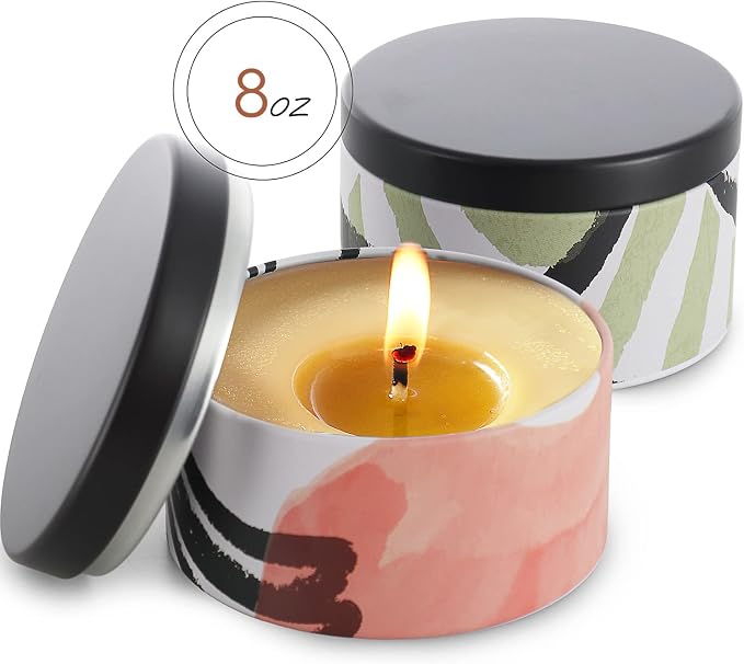 Hearth & Harbor Tin Candle Jars for Making Candles - DIY Candle Containers with Lids - Metal Candle Jars - Bulk Tins Storage for Candle - (12 Pieces) - (8 Ounces) - Painted Illustration
