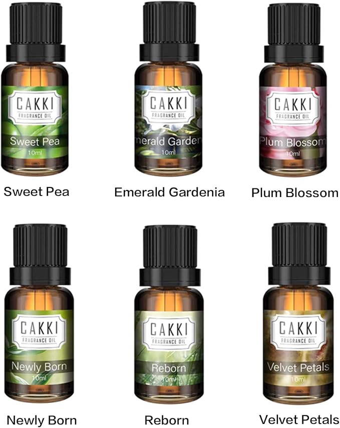CAKKI Essential Oils for Diffusers for Home,Spring Fragrance Oils Set of 6x10ml, Sweet Pea,Emerald Gardenia,Plum Blossom,Newly Born,Reborn,Velvet Petals,Aromatherapy Oils,for Candles Making