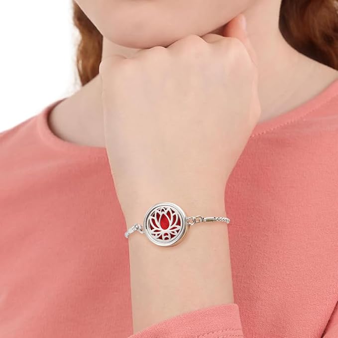 Essential Oil Diffuser Bracelet Aromatherapy Locket Adjustable Stainless Steel Lotus Bracelet with 10 Pcs Refill Pads for Women Girls