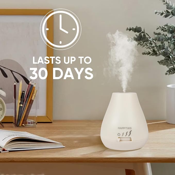 HAPPTWS Essential Oil Diffuser - Waterless Diffuser 3 Timer Settings Battery Powered for Bedroom Yoga Room Toilet Pet Room White