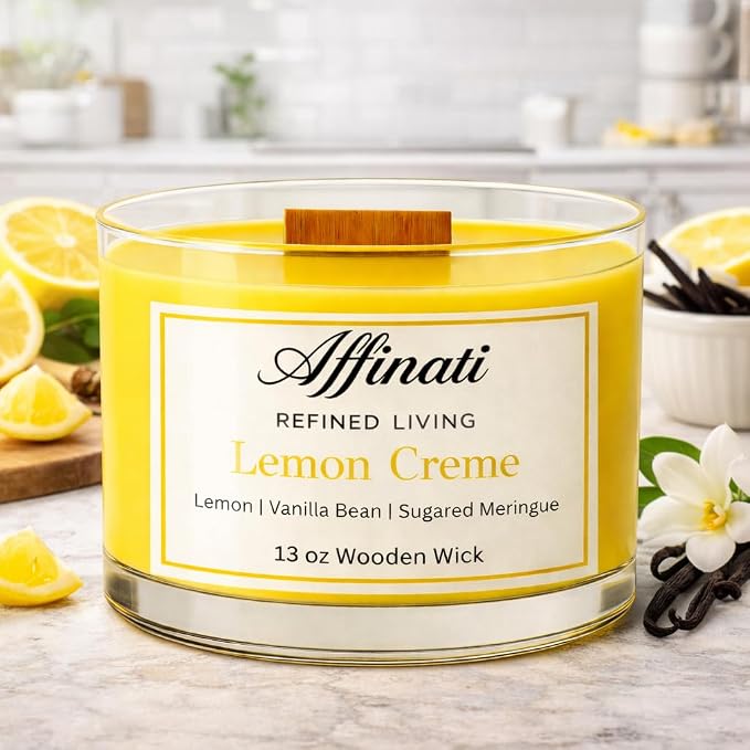 Affinati Lemon Creme Wooden Wick Candle – Premium Wooden Bowl, 13 oz