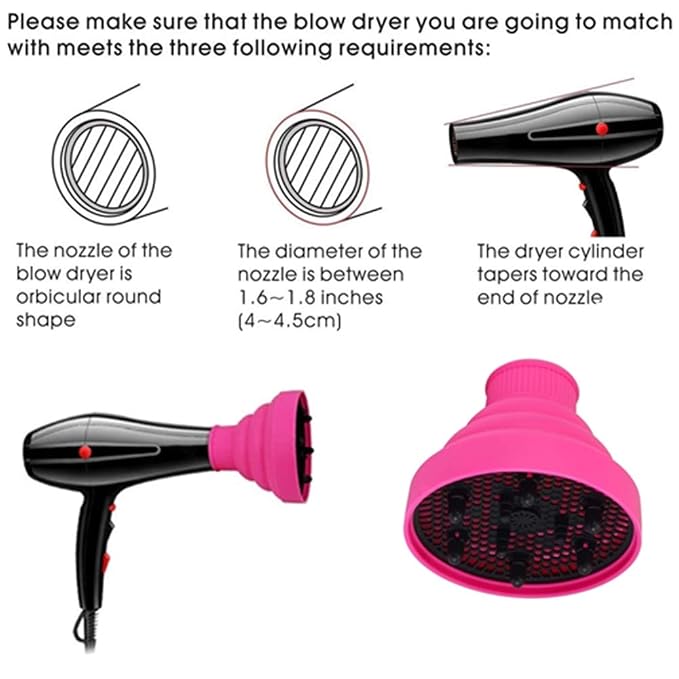 Hair Diffuser Attachment for Hair Dryer Travel Collapsible Portable Diffuser for Curly Hair Women .Airflow Attachment for Salon or Home Use with Nozzle 1.65-1.9In (Rose Red) Non-universal