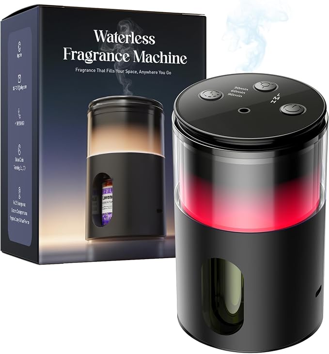 Battery Operated Waterless Diffuser – Portable Scent Machine for Car, Office & Bedroom, Ultrasonic Aroma Mist with 9 Color LED Light, Mini Essential Oil Diffuser Charcoal Black