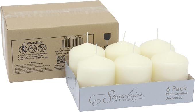 Stonebriar Unscented Pillar Candles – 35 Hour Burn Time, Long-Lasting Wax Candles for Weddings, Holidays, Home Décor & Special Events, Pack of 6, Ivory, 3" x 4"