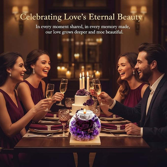 Eternal Preserved Real Rose, Glass Dome Gift Set with 18 Scented Candles (9 Rose,9 Vanilla), Mother's Day Valentine Christmas Birthday Gift for Women Mom Girlfriend Wife Home Decor (Dark Purple)