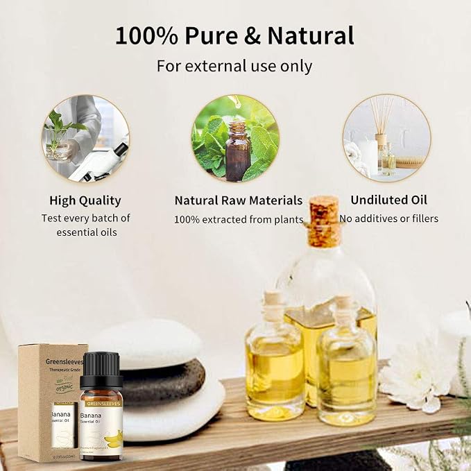GREENSLEEVES Banana Essential Oil, 10ml Pure Plant-Based Fragrance Oil for Aromatherapy, Essential Oils for Diffuser, Air Freshener, Massage, Bath Bomb, Scented Candle Soap Making